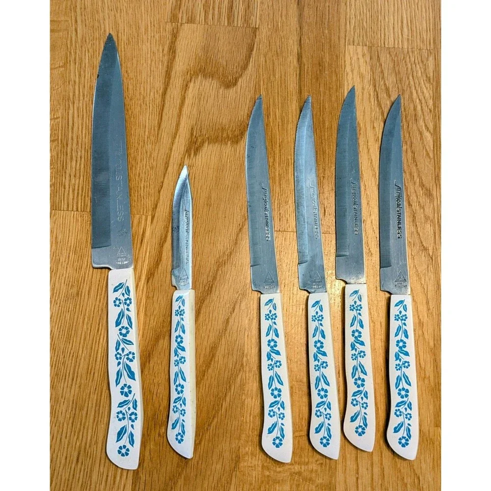 Vtg Household Japan Stainless Corning Blue Cornflower Knive Set Of 6